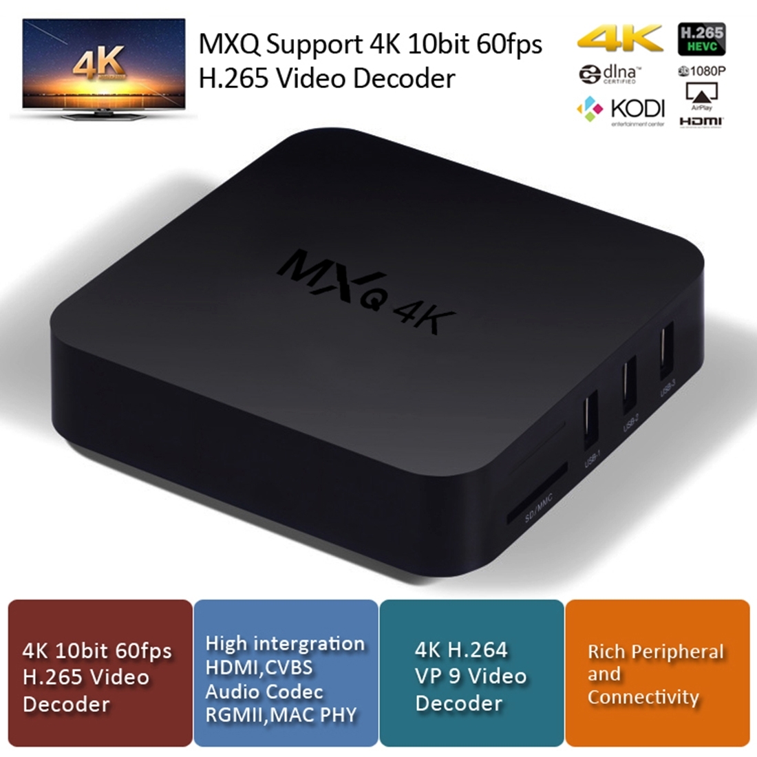 MXQ 4K Full HD Media Player RK3229 Quad Core KODI Android 7.1 TV Box with Remote Control, RAM: 1GB, ROM: 8GB, Support HDMI, WiFi, Miracast, DLNA (Black)