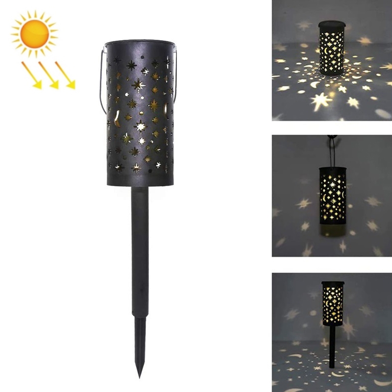 Wholesale Outdoor Garden Wrought Iron Hollow Stars Moon Lantern Solar LED Lawn Ground Light (Warm Light)